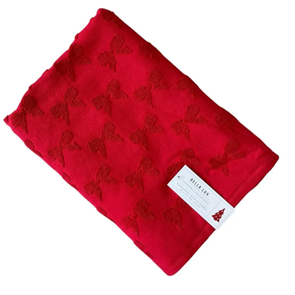 Bella Lux Christmas BOWS Bath Towel Set of 2 Chic Holiday Red Bathroom Decor New